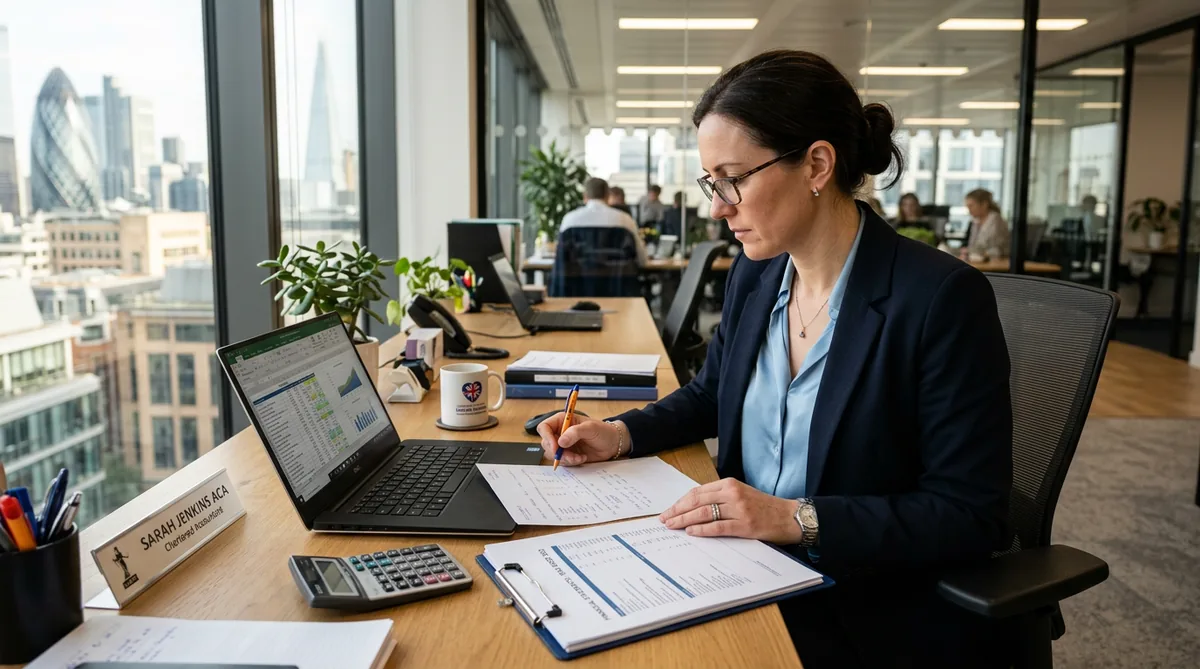 An accountant reviewing figures on a laptop in a modern office