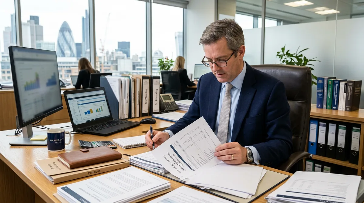 A financial adviser reviewing a plan and documents