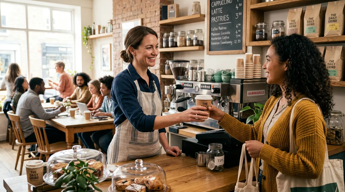 An independent cafe owner serving a customer while AI handles the calls and messages