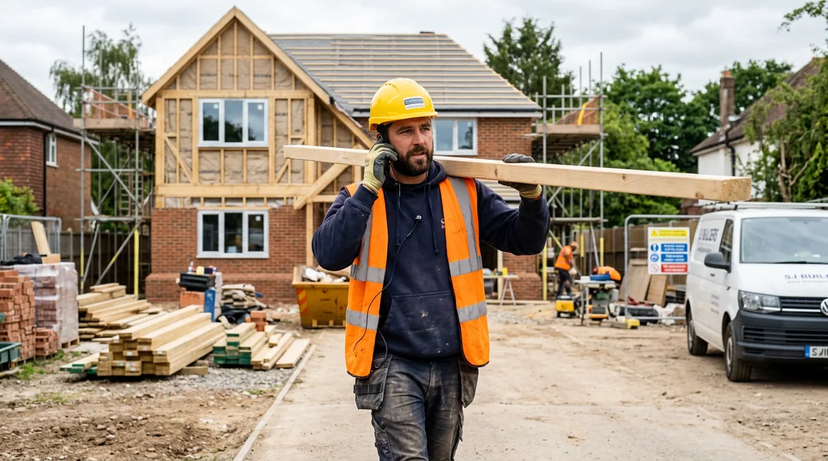 A builder on site taking a hands-free call while AI books the job