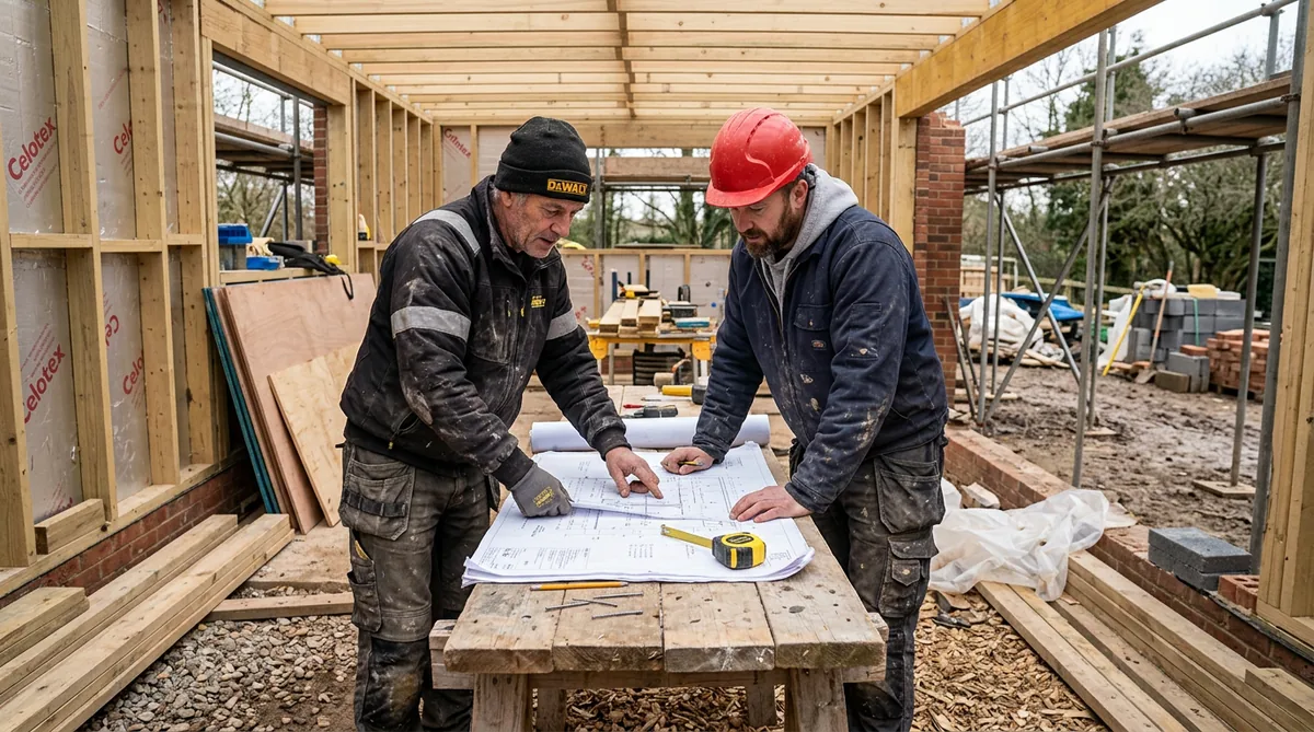 Builders reviewing plans on a construction site