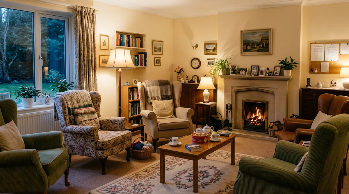 A warm, homely care home lounge