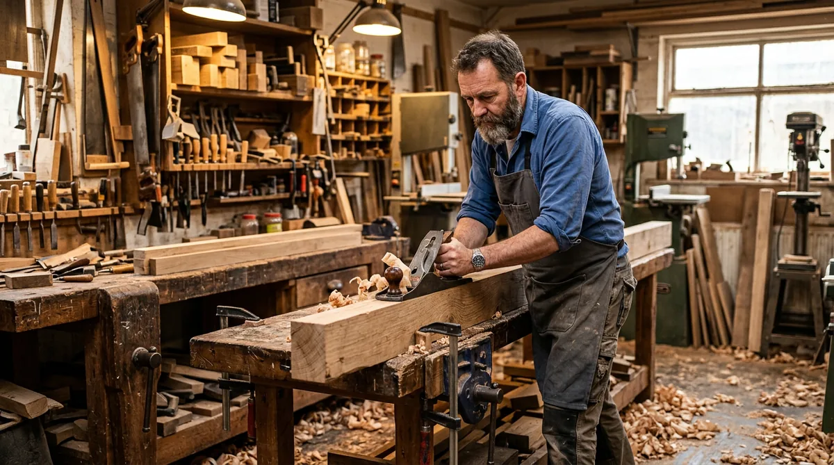 A joiner planing timber at a workbench in a workshop