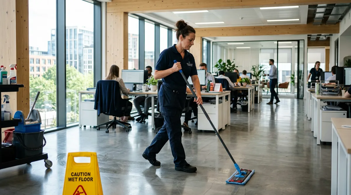 A professional cleaner mopping a bright modern office floor