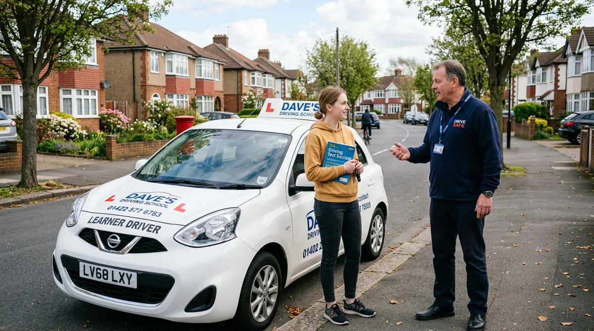 A learner driver and instructor beside a dual-control car