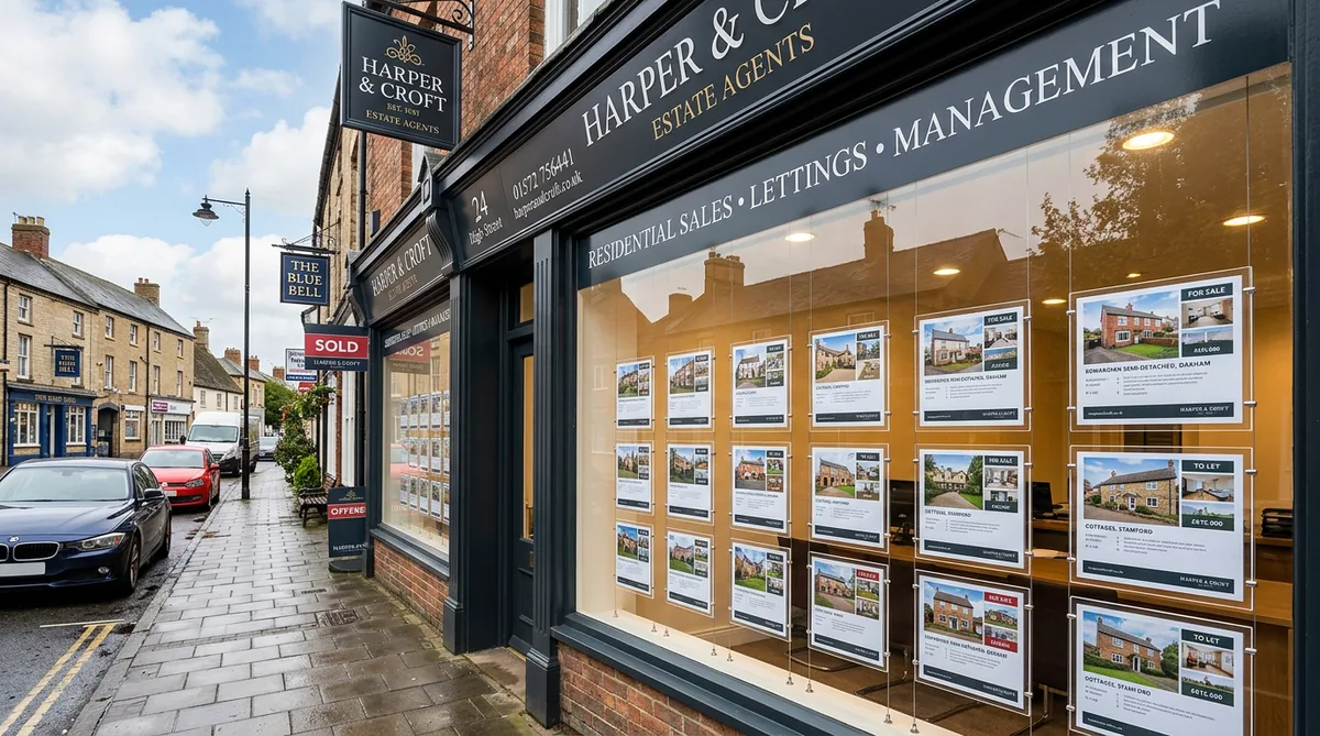 A smart estate agency window display of properties