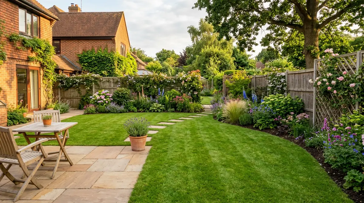 A finished landscaped garden with new patio and turf