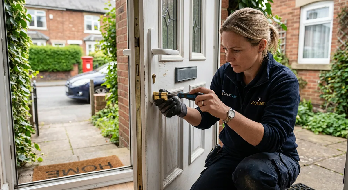 A locksmith changing a door lock cylinder