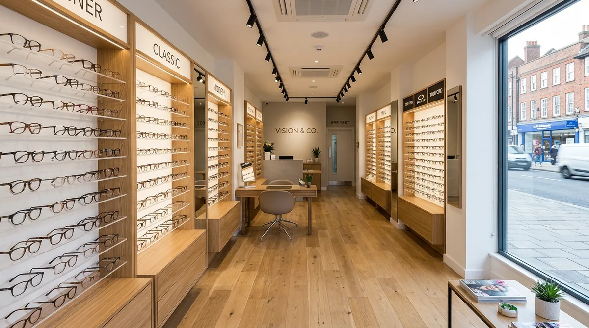A modern opticians shop with glasses frames on display