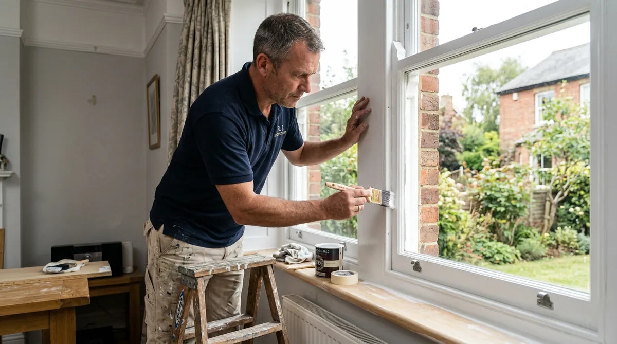 A decorator cutting in carefully around a window frame