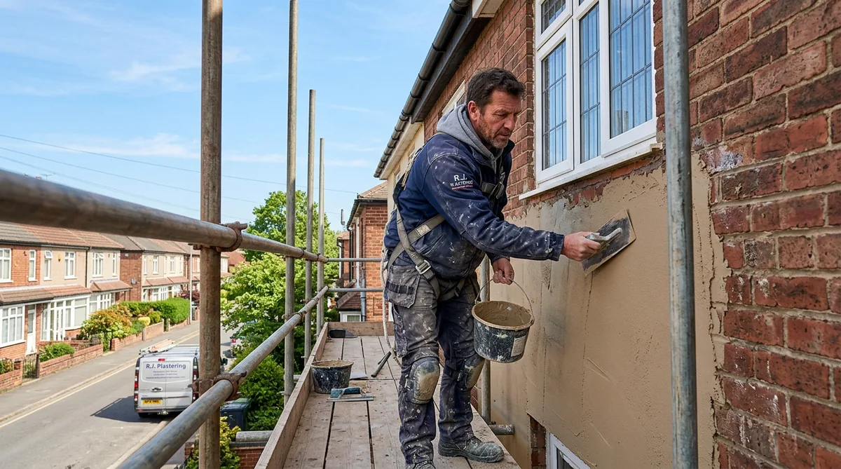 A plasterer rendering an exterior house wall