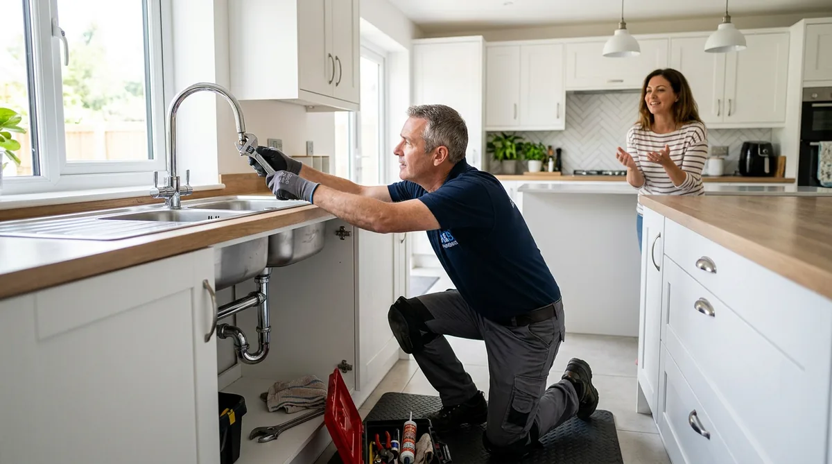 A plumber fixing a kitchen tap while AI answers the phone and books the next job