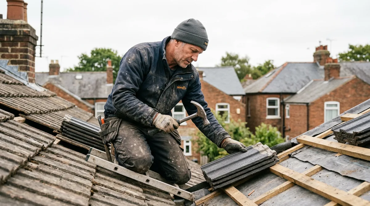 A roofer replacing tiles on a residential roof