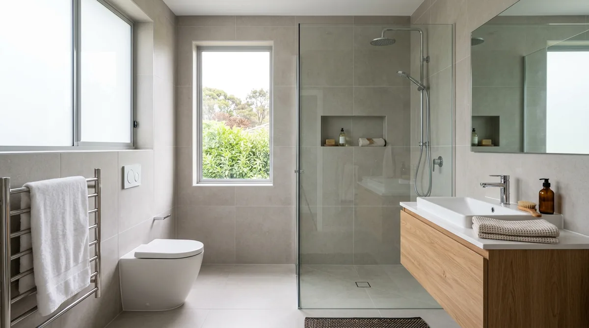 A beautifully finished modern tiled bathroom