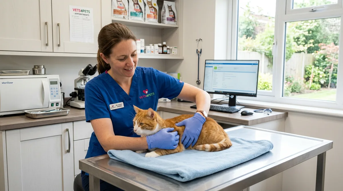 A vet gently examining a cat in a consulting room