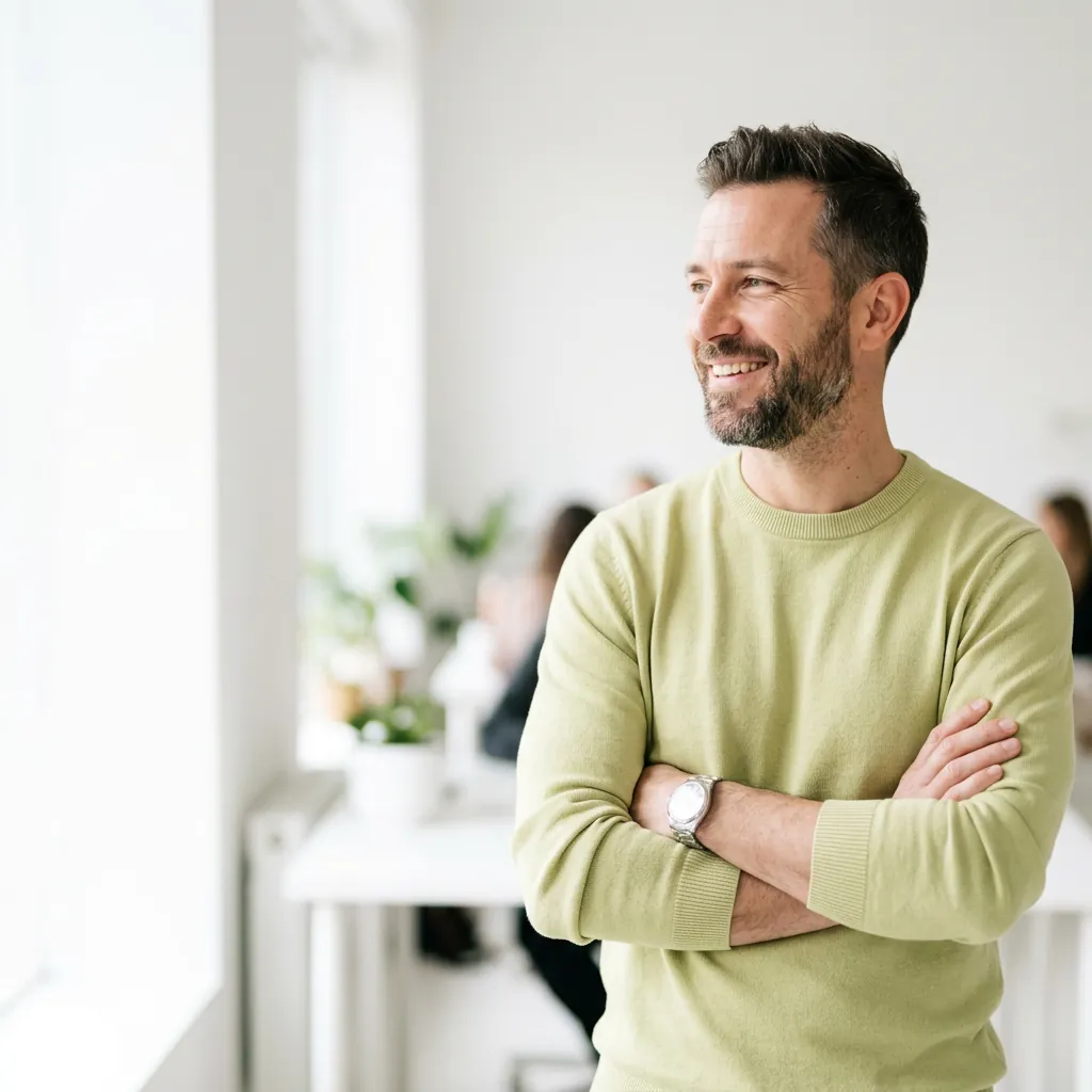 A confident small-business owner whose AI team is growing their revenue