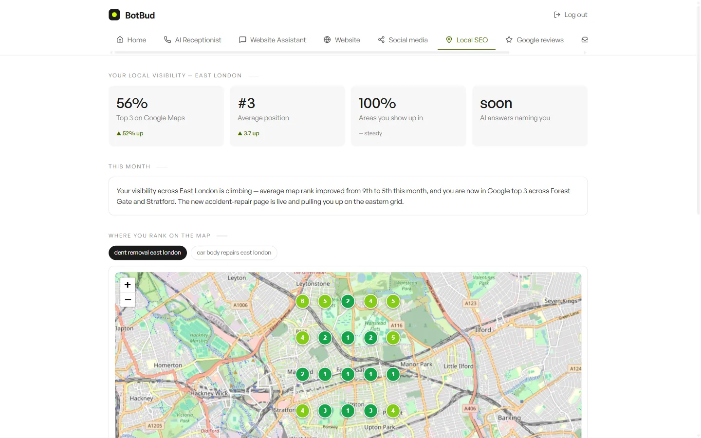The BotBud local SEO dashboard: a rank map with coloured pins, headline stats and competitor comparison