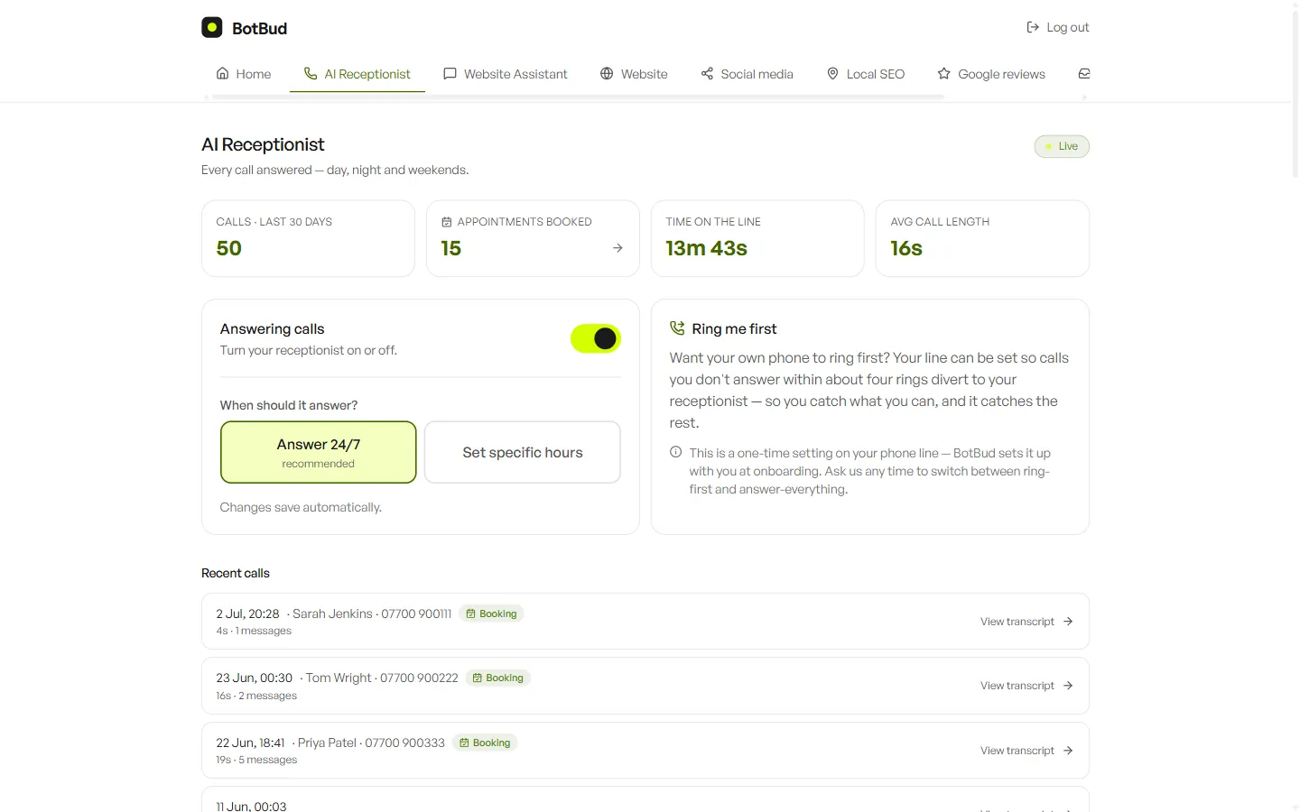 The BotBud receptionist dashboard: call stats, on/off controls, and recent calls with booking tags and transcripts