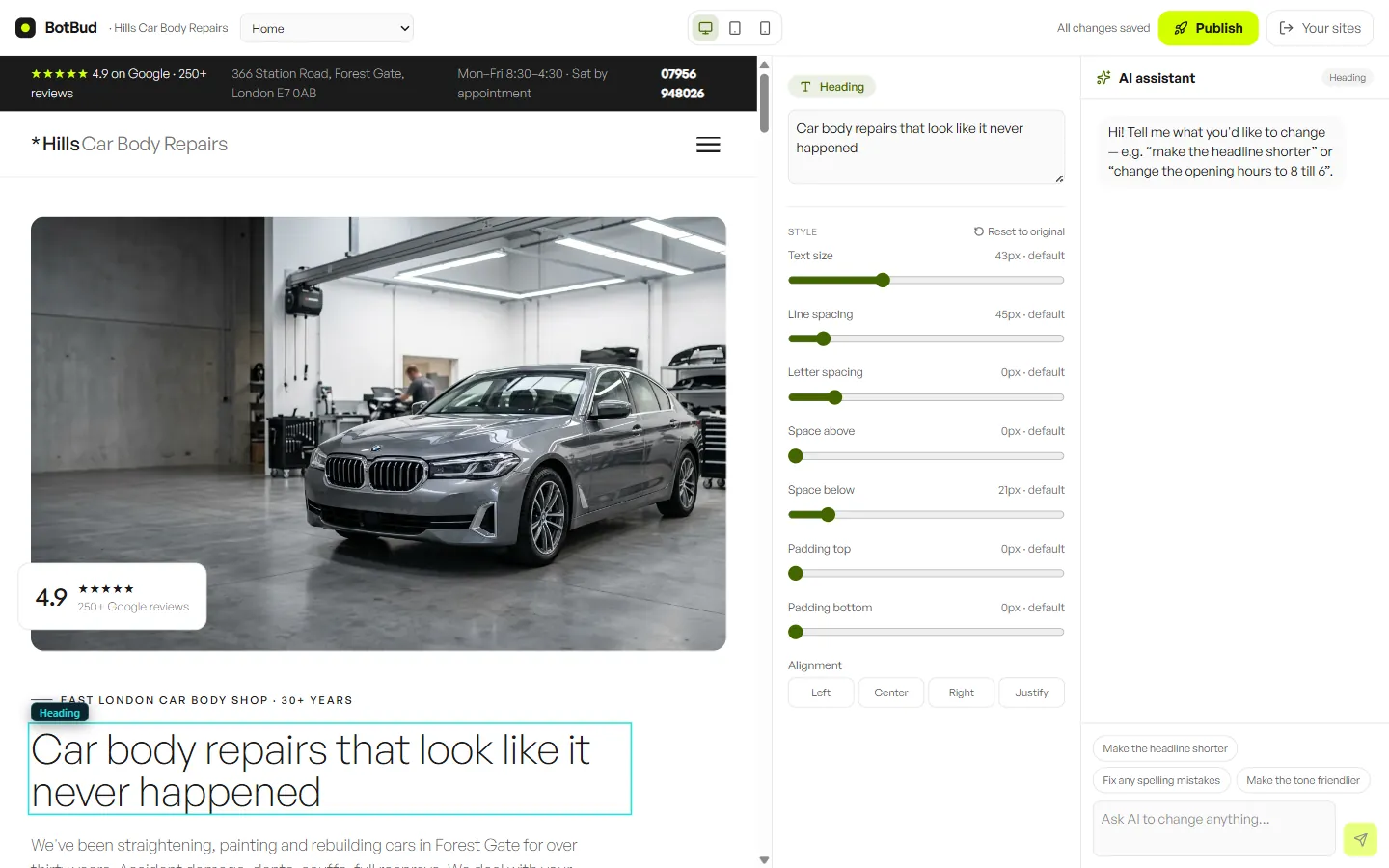 The BotBud website editor: your site open with the AI assistant and style controls to change anything yourself