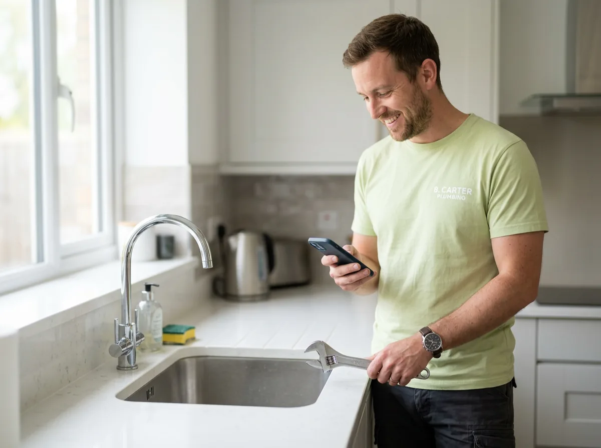 A plumber smiling at a new booking on his phone