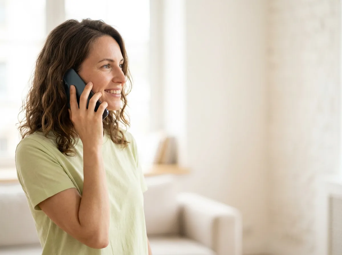 A happy customer smiling while talking on the phone