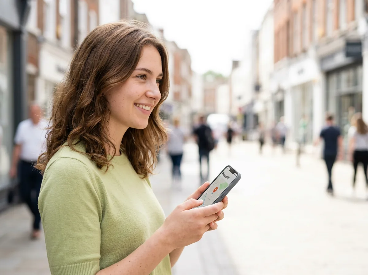 A customer finding a local business on her phone in the high street
