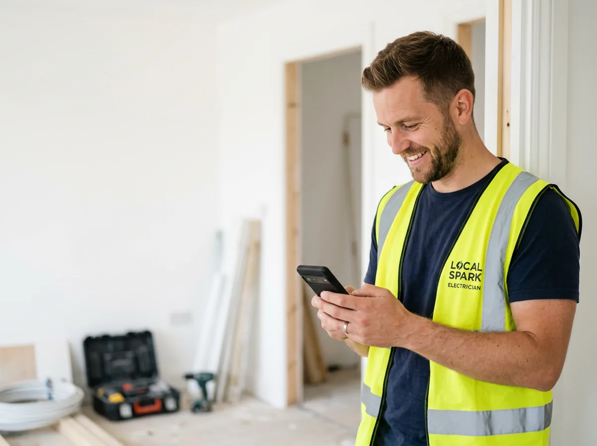An electrician in hi-vis pleased by a new local enquiry on his phone