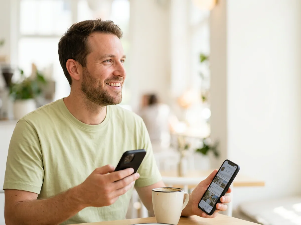 A small-business owner relaxing while his social media keeps posting
