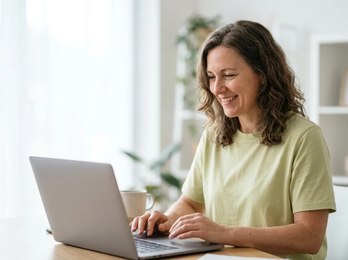 A small-business owner smiling at new website enquiries on her laptop